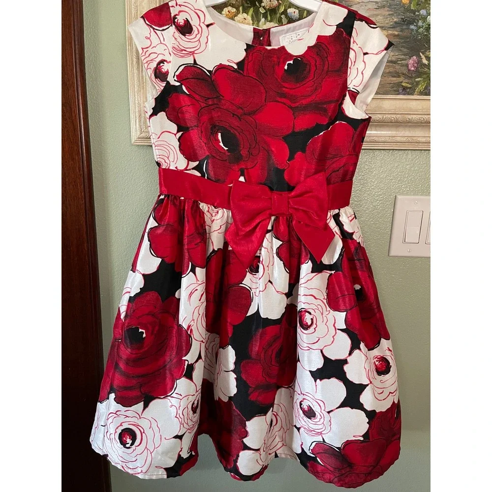 Gymboree Red White Floral Roses Holidays Party Formal Dress Waist Bow Size 8